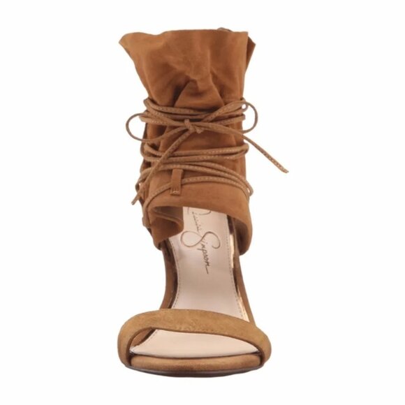 Women's Jessica Simpson Madeena Lace-Up Honey Brown Suede Heels - Picture 2 of 7